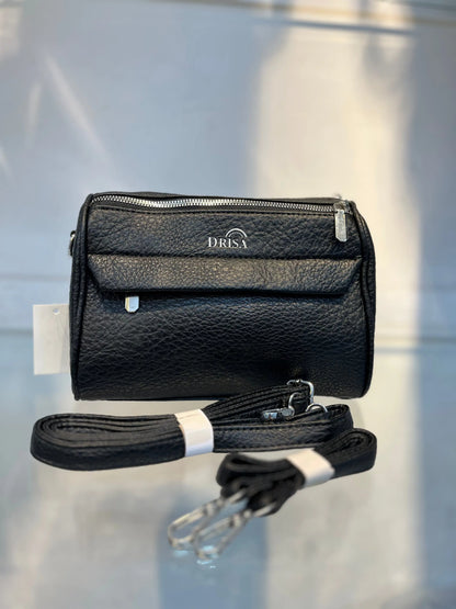 Black Textured Vegan Leather Sling Bag | Zip Pocket-02