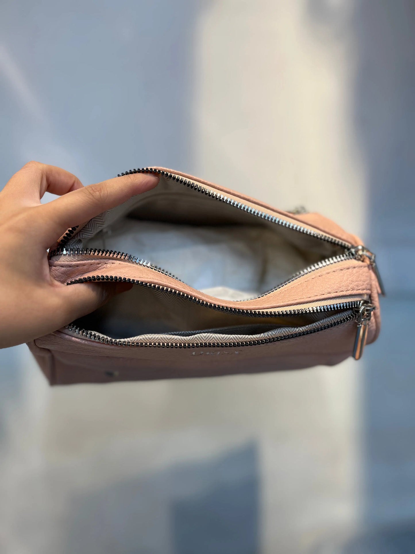 Pink Textured Vegan Leather Sling Bag | Zip Pocket-02