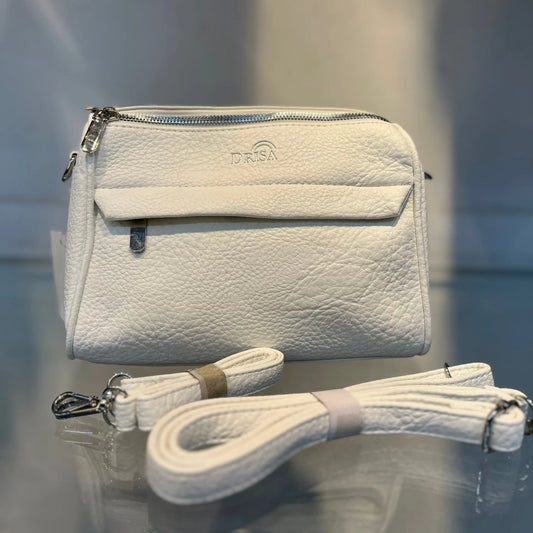 White Textured Vegan Leather Sling Bag | Zip Pocket-02