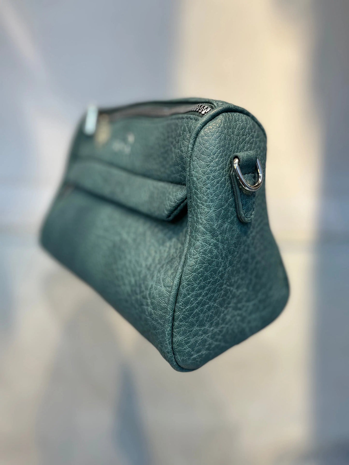 Green Textured Vegan Leather Sling Bag | Zip Pocket-02