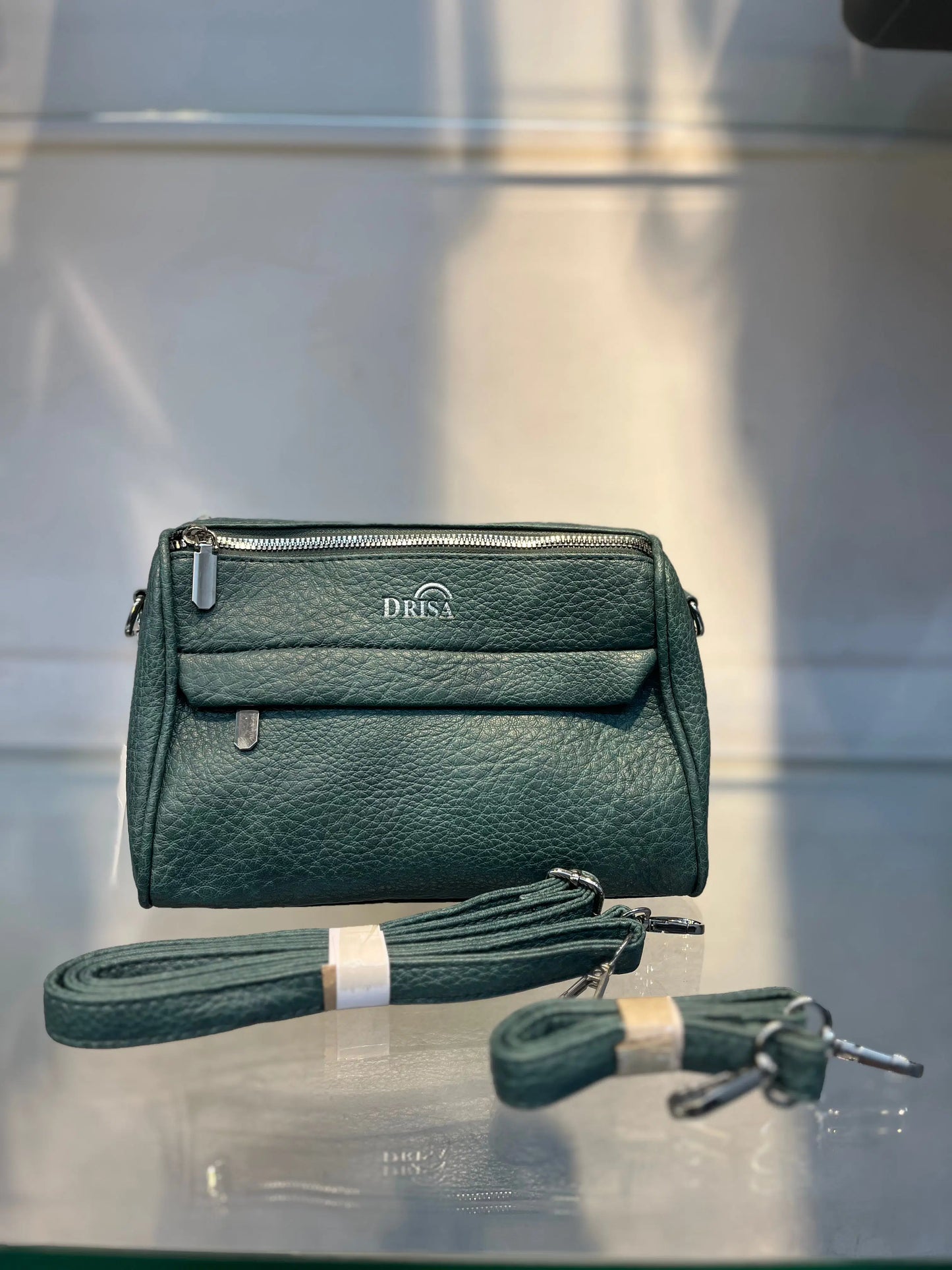 Green Textured Vegan Leather Sling Bag | Zip Pocket-02