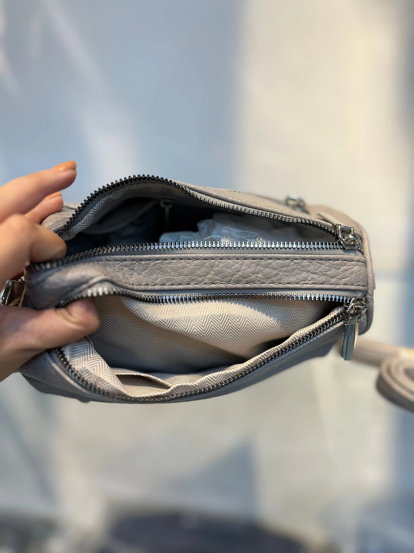 Greay Textured Vegan Leather Sling Bag | Zip Pocket-02