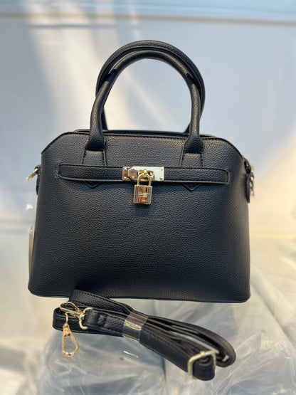 Black Faux Leather Satchel Handbag with Lock Charm