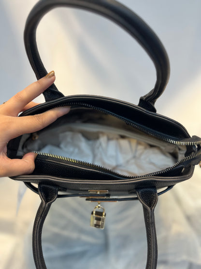 Black Faux Leather Satchel Handbag with Lock Charm