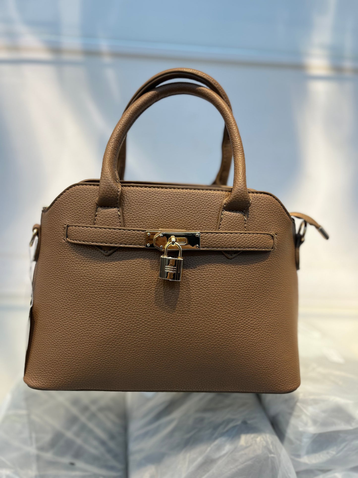 Khakhi Faux Leather Satchel Handbag with Lock Charm