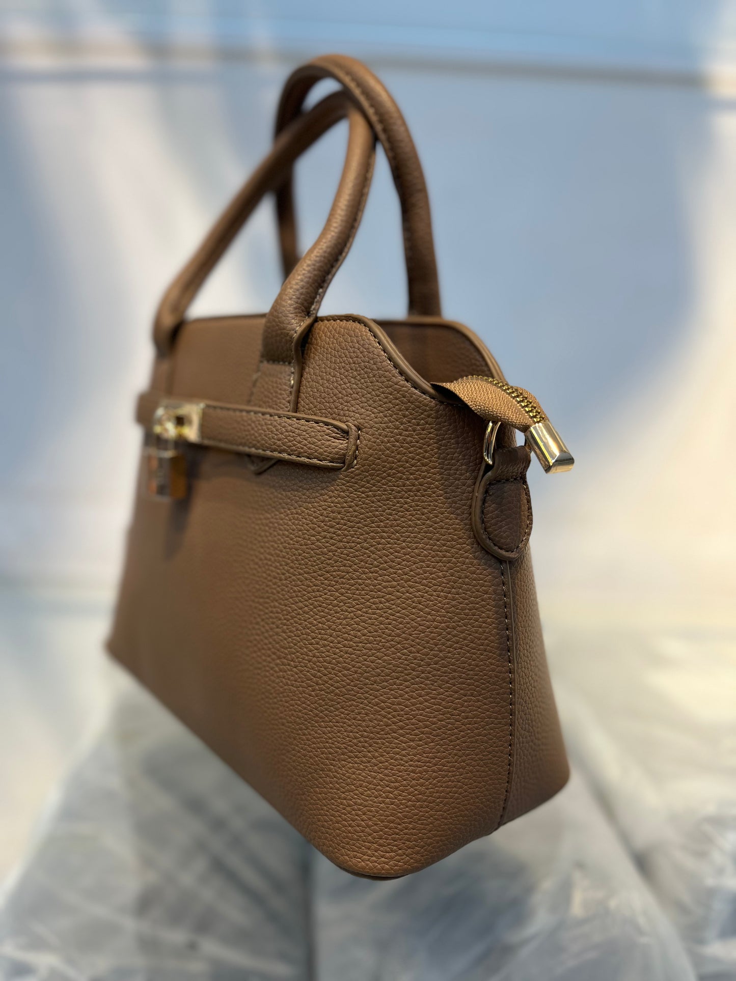 Khakhi Faux Leather Satchel Handbag with Lock Charm