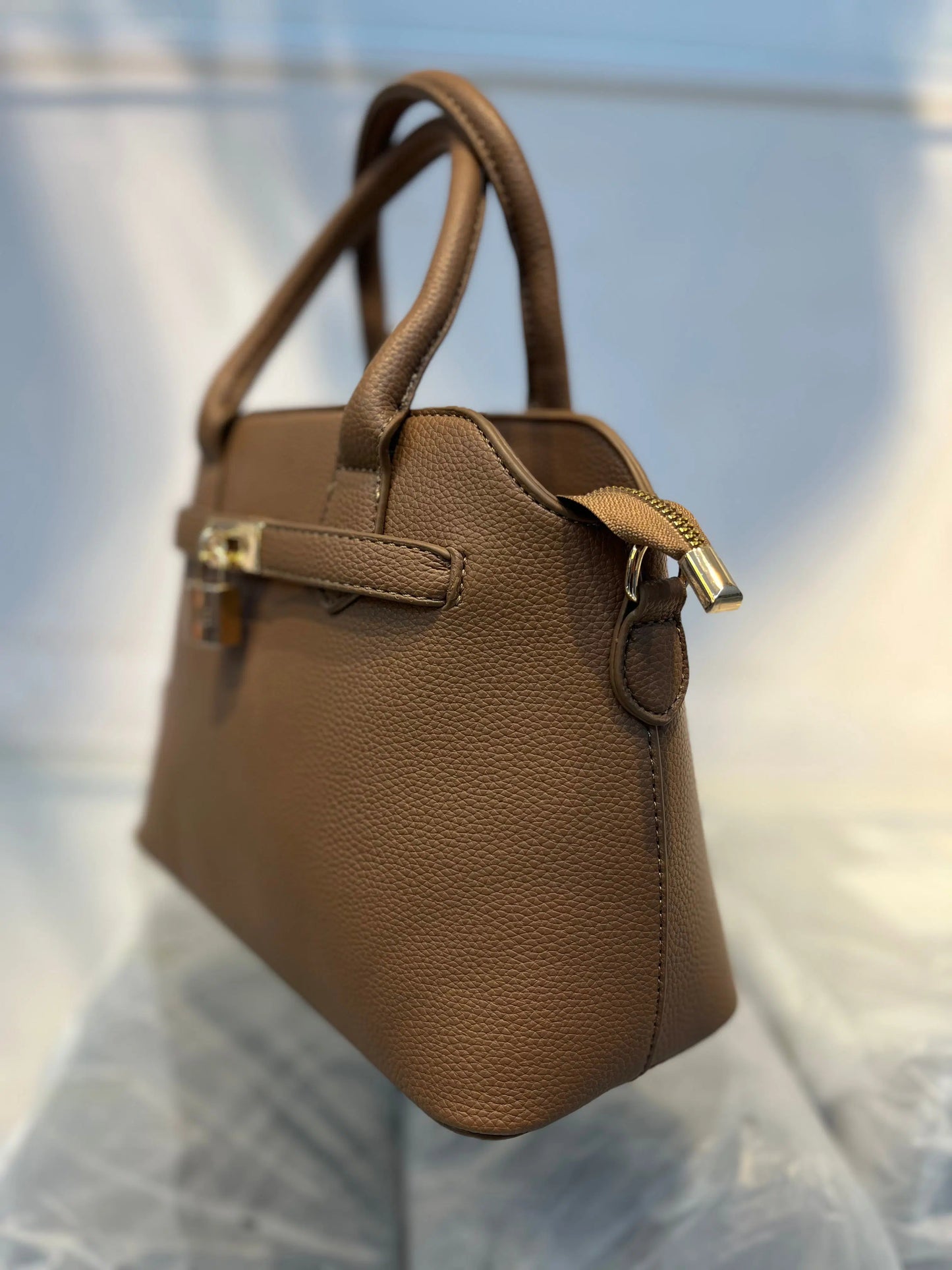 Khakhi Faux Leather Satchel Handbag with Lock Charm