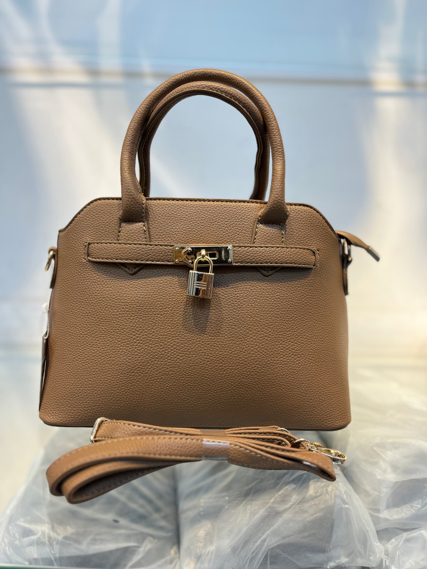 Khakhi Faux Leather Satchel Handbag with Lock Charm