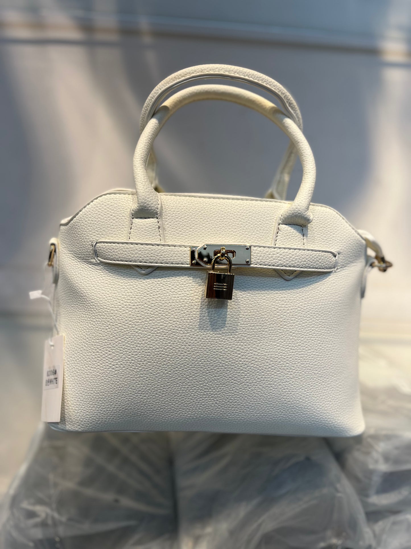 Off White Faux Leather Satchel Handbag with Lock Charm