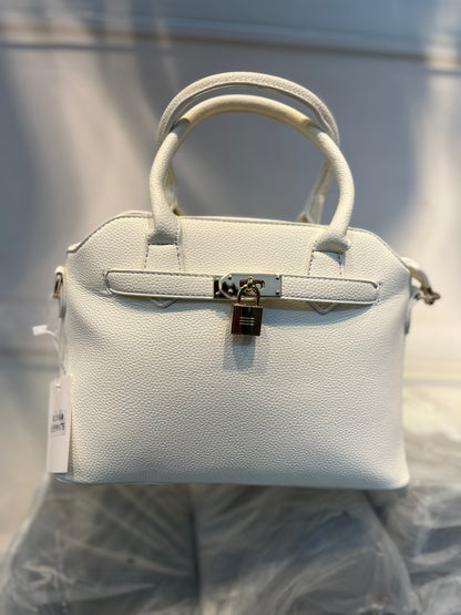 Off White Faux Leather Satchel Handbag with Lock Charm