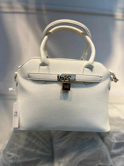Off White Faux Leather Satchel Handbag with Lock Charm