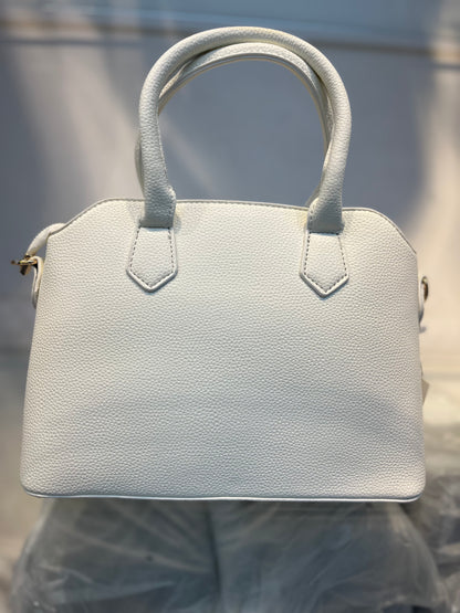 Off White Faux Leather Satchel Handbag with Lock Charm