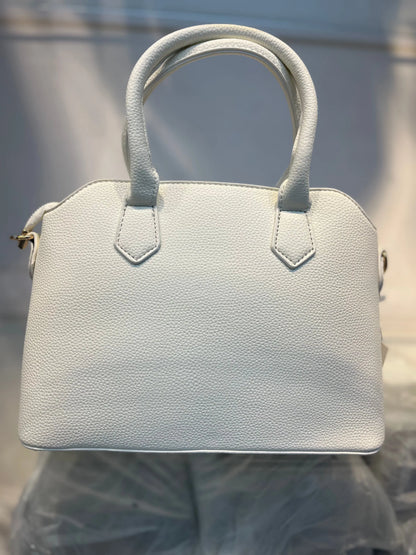 Off White Faux Leather Satchel Handbag with Lock Charm