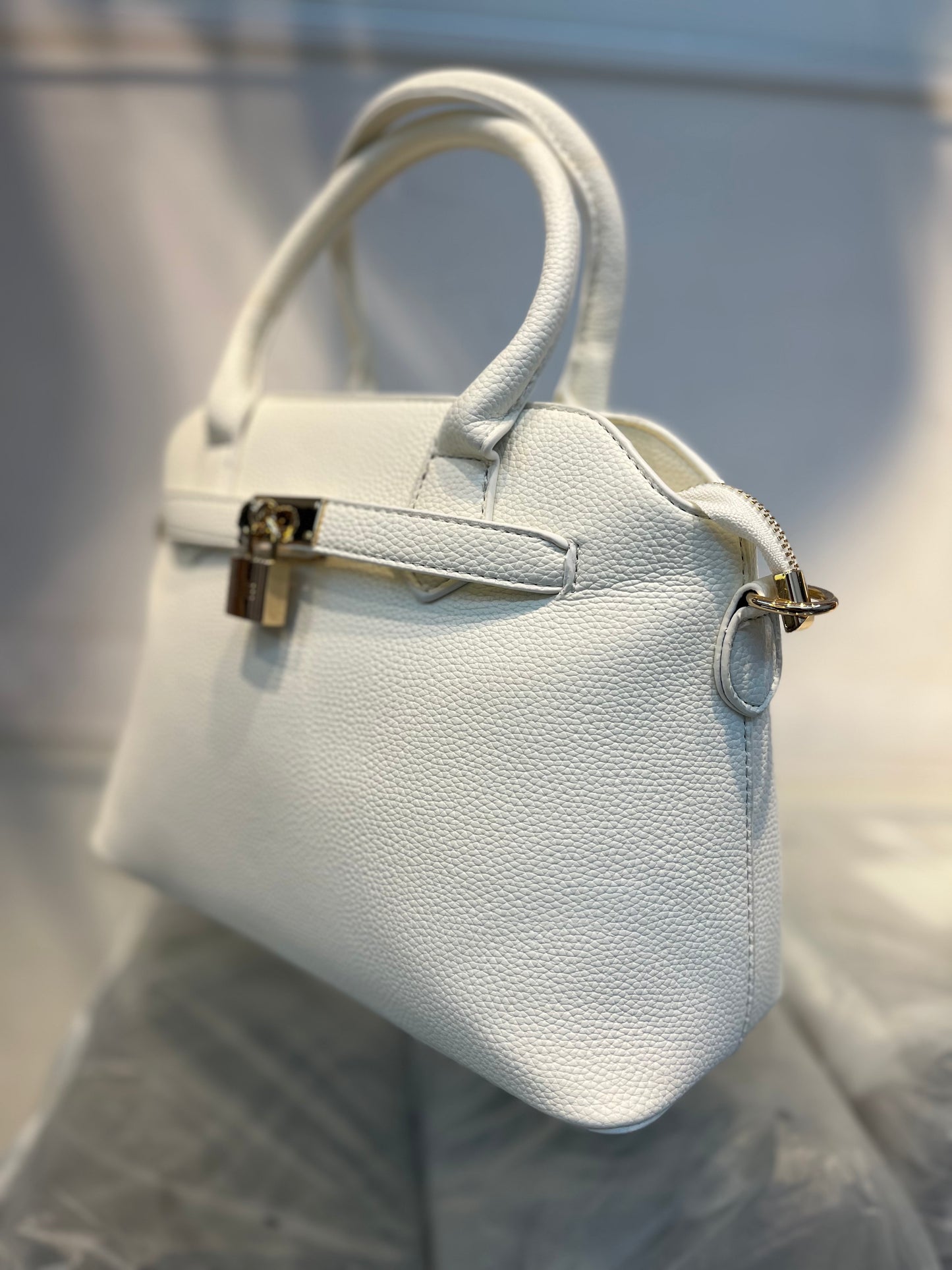 Off White Faux Leather Satchel Handbag with Lock Charm