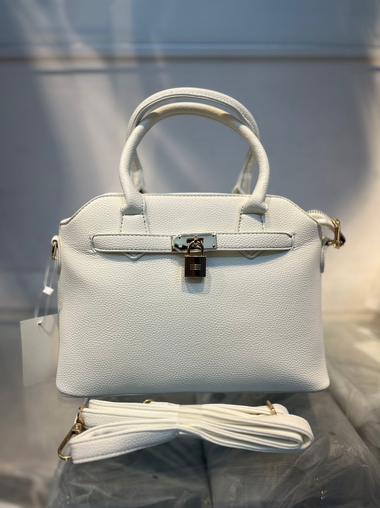 Off White Faux Leather Satchel Handbag with Lock Charm