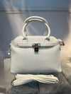 White Faux Leather Satchel Handbag with Lock Charm