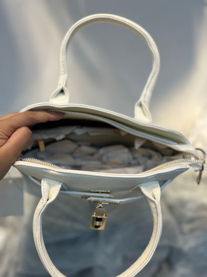 Off White Faux Leather Satchel Handbag with Lock Charm