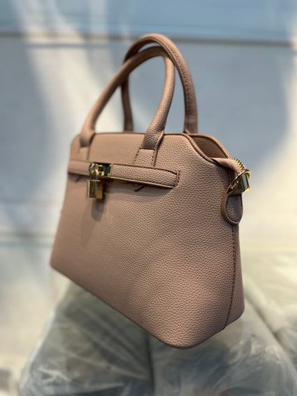 Pink Faux Leather Satchel Handbag with Lock Charm