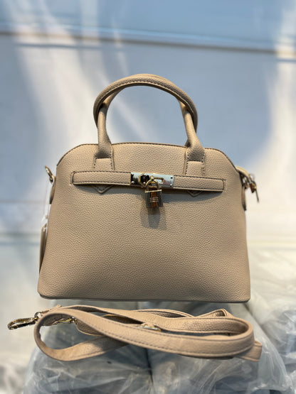 Beige Faux Leather Satchel Handbag with Lock Charm