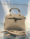 Beige Faux Leather Satchel Handbag with Lock Charm