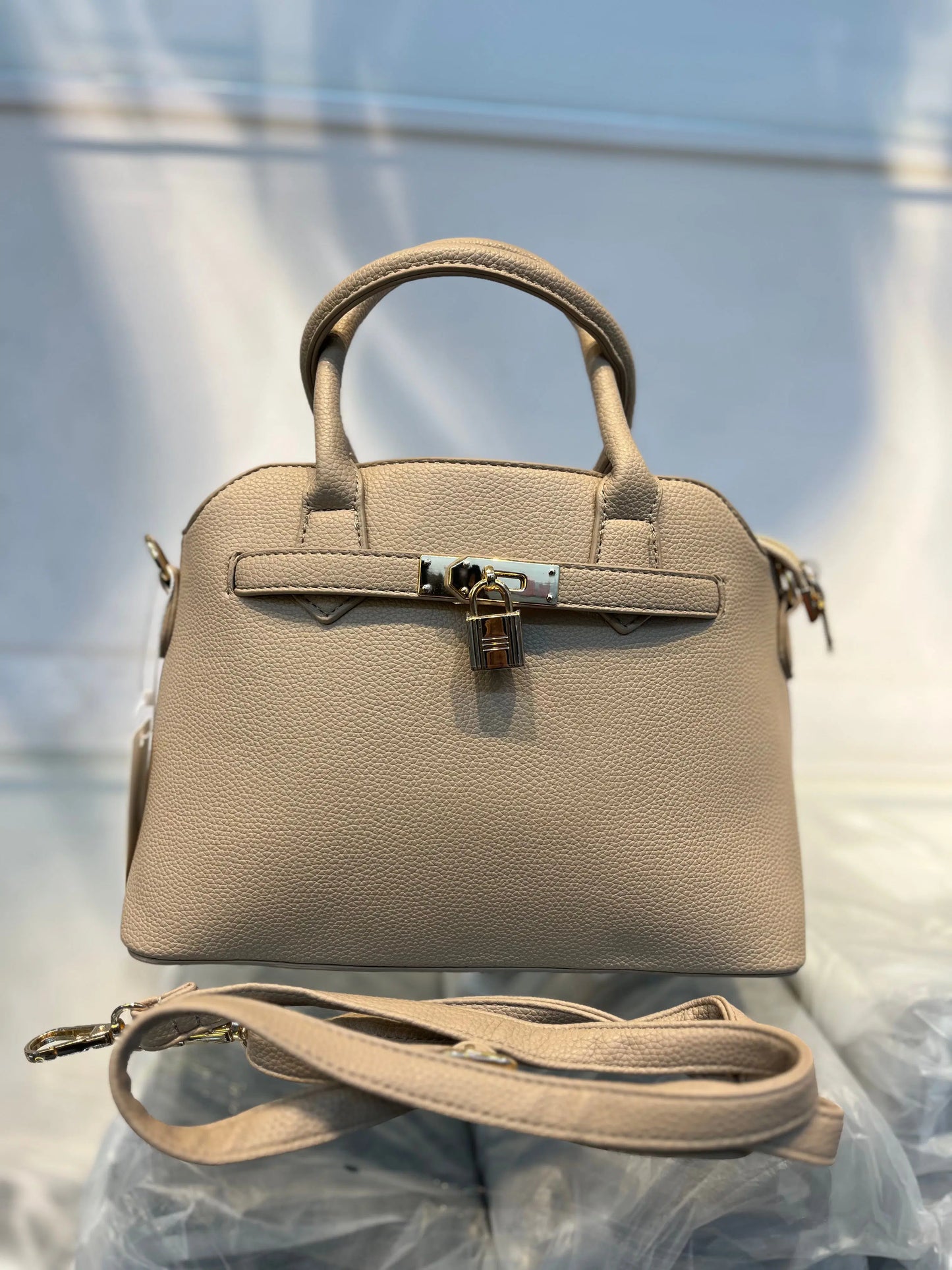 Beige Faux Leather Satchel Handbag with Lock Charm