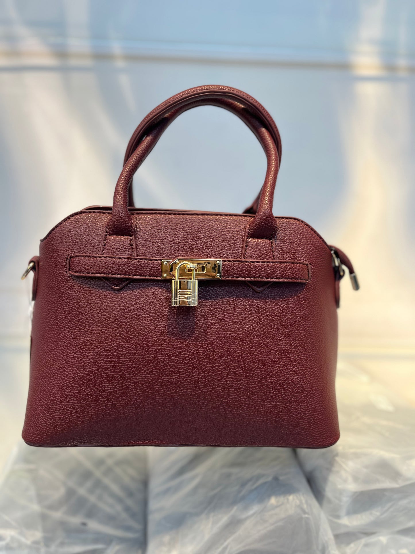 Red Faux Leather Satchel Handbag with Lock Charm