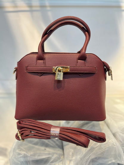 Red Faux Leather Satchel Handbag with Lock Charm