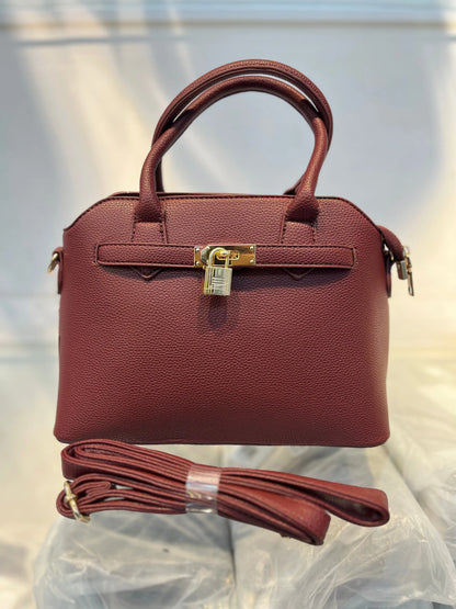 Red Faux Leather Satchel Handbag with Lock Charm