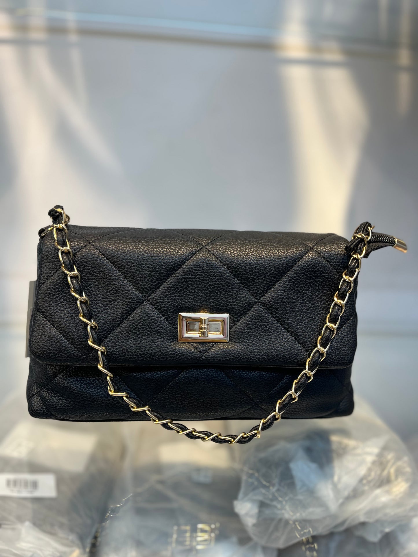Quilted Vegan Faux Leather Cushion Bag Black