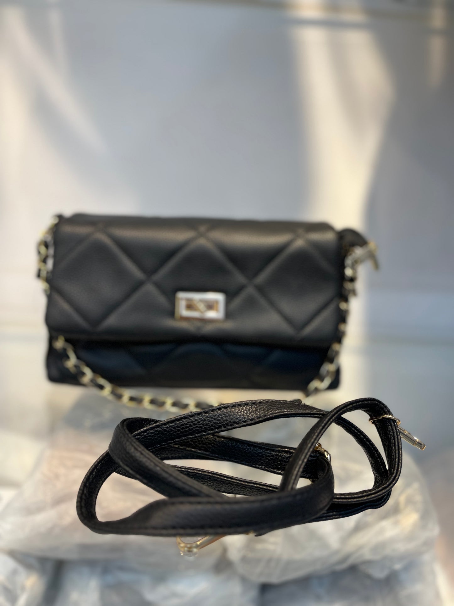 Quilted Vegan Faux Leather Cushion Bag Black