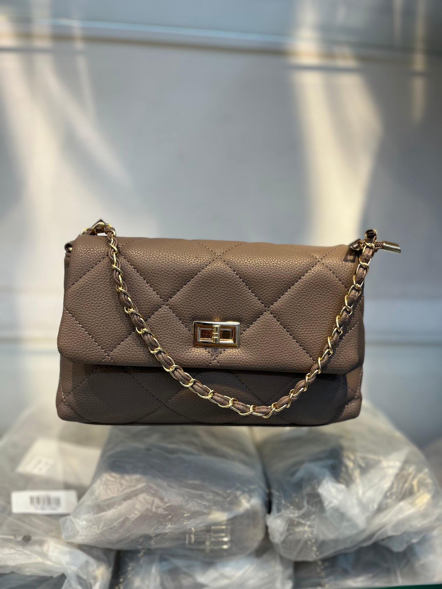 Quilted Vegan Faux Leather Cushion Bag Khakhi