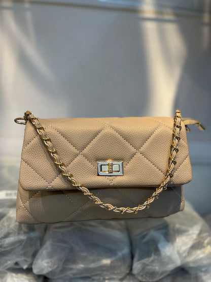 Quilted Vegan Faux Leather Cushion Bag Beige