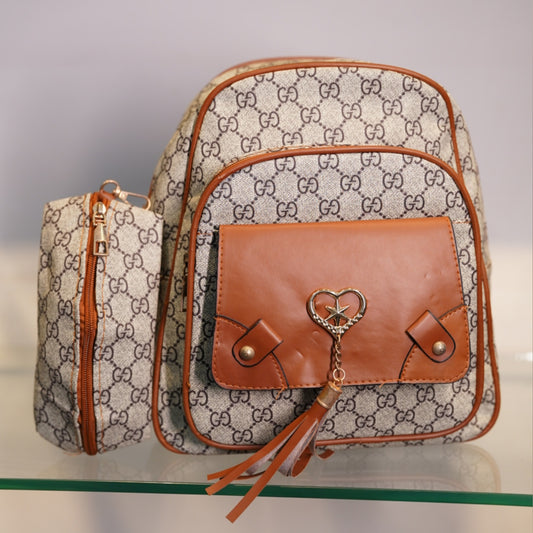 Monogram Print Faux Leather Backpack & Pouch