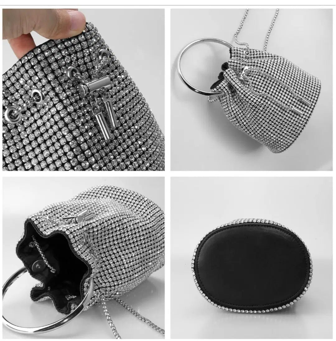 Dazzling Silver Rhinestone Potli Clutch Bag with Kada Handle & Sling