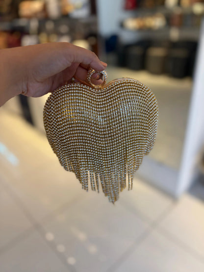 Golden Dazzle Heart Clutch | Crystal Fringe Party Handbag