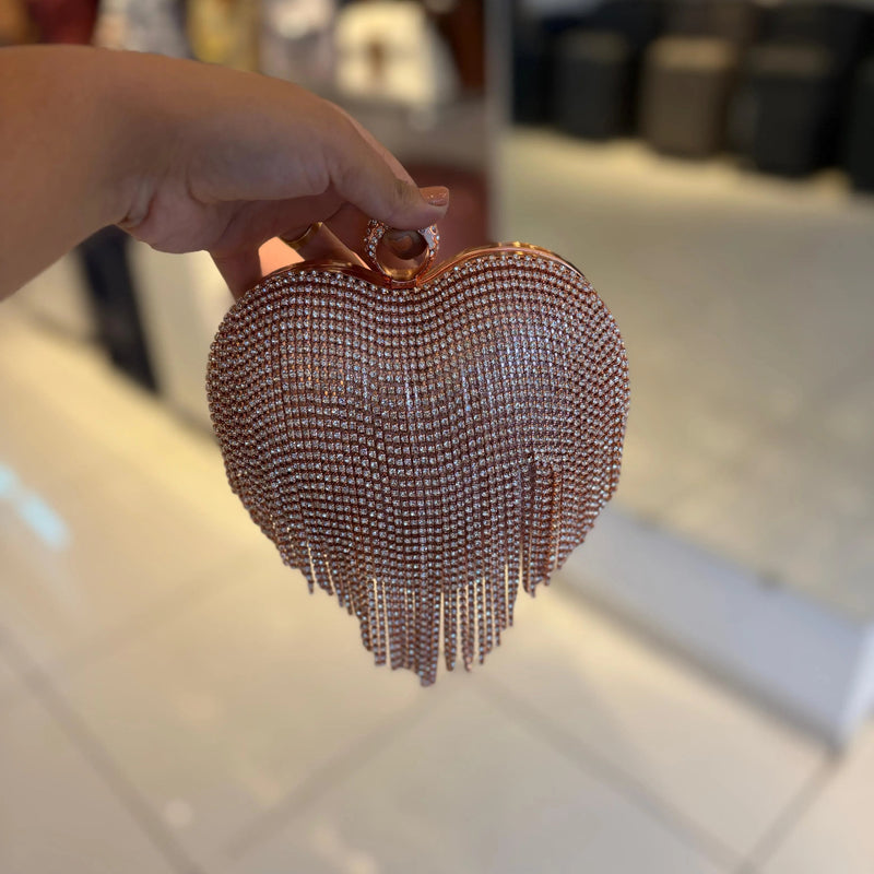 Rose Gold Dazzle Heart Clutch | Crystal Fringe Party Handbag