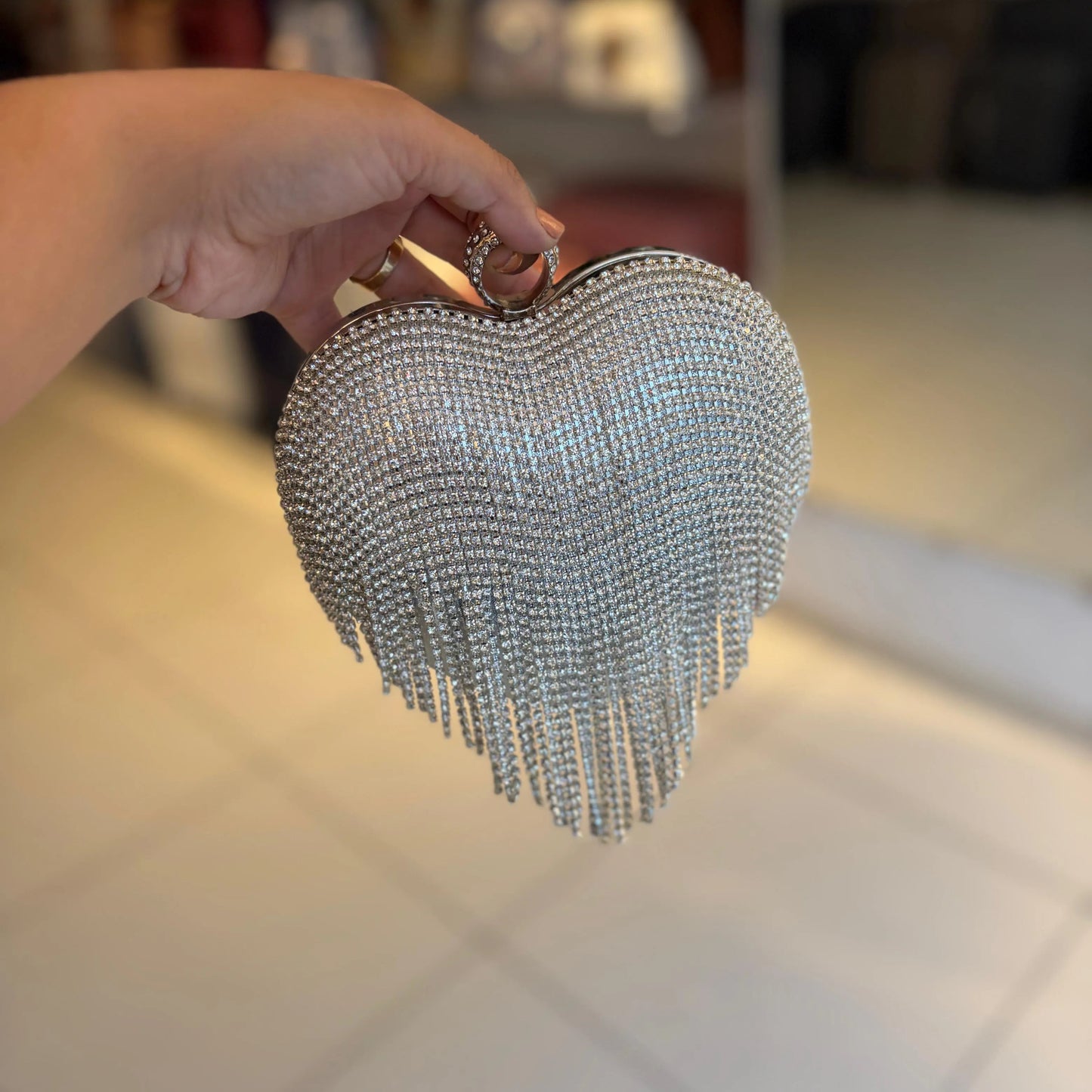 Silver Dazzle Heart Clutch | Crystal Fringe Party Handbag