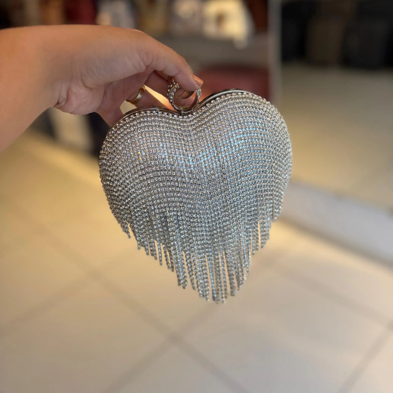 Silver Dazzle Heart Clutch | Crystal Fringe Party Handbag