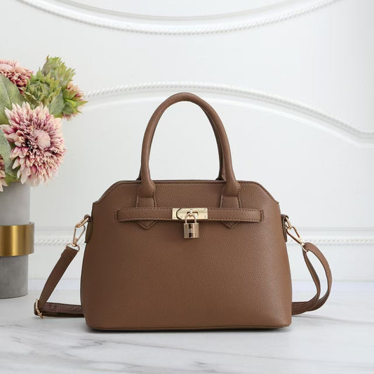 Khakhi Faux Leather Satchel Handbag with Lock Charm