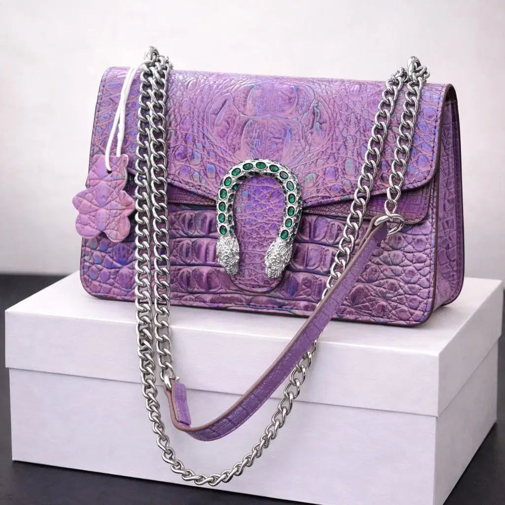 Iridescent Amethyst Croc-Embossed Statement Flap Bag