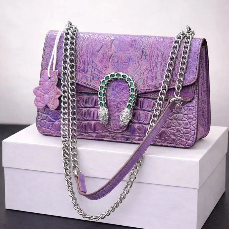Iridescent Amethyst Croc-Embossed Statement Flap Bag