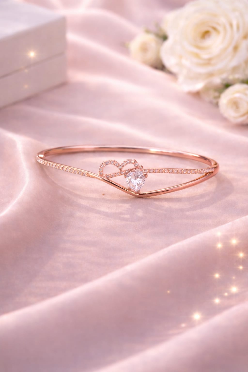 Heart-to-Heart Pavé Bangle – Premium Imported Edition Rose Gold