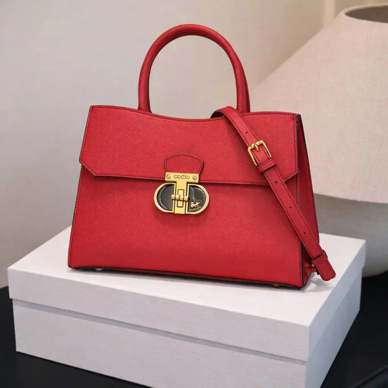 Signature Saffiano | Elegant Trapezoid Top-Handle Satchel in Crimson Red