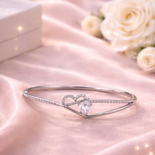 Heart-to-Heart Pavé Bangle – Premium Imported Edition Silver