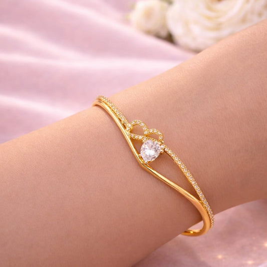 Heart-to-Heart Pavé Bangle – Premium Imported Edition Gold