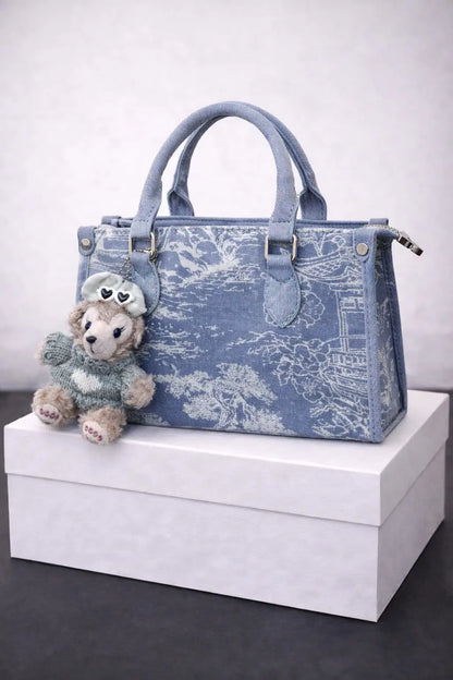 Artisanal Blue Denim Mini Flap Bag with Scenic Tapestry Design