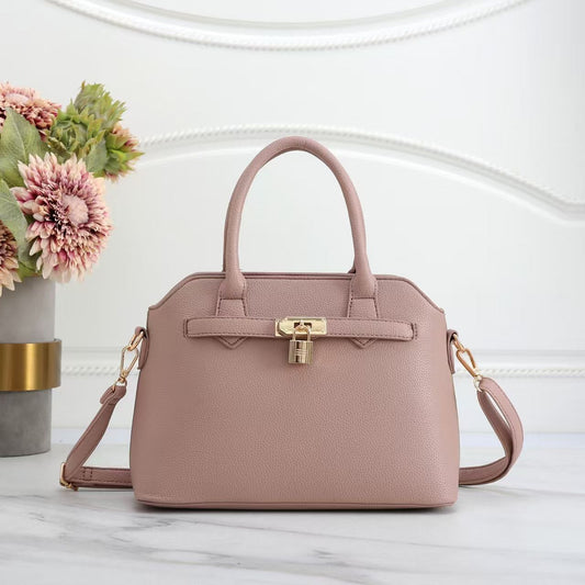 Pink Faux Leather Satchel Handbag with Lock Charm