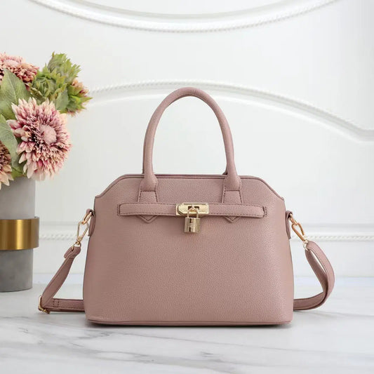 Pink Faux Leather Satchel Handbag with Lock Charm