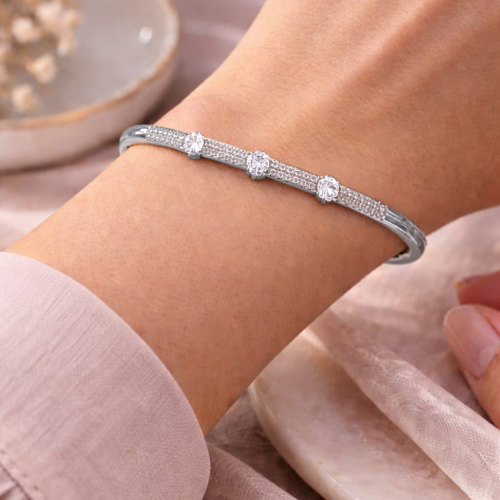 Signature Three-Stone Crystal Bangle – Premium Silver Edition