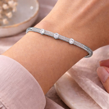 Signature Three-Stone Crystal Bangle – Premium Silver Edition